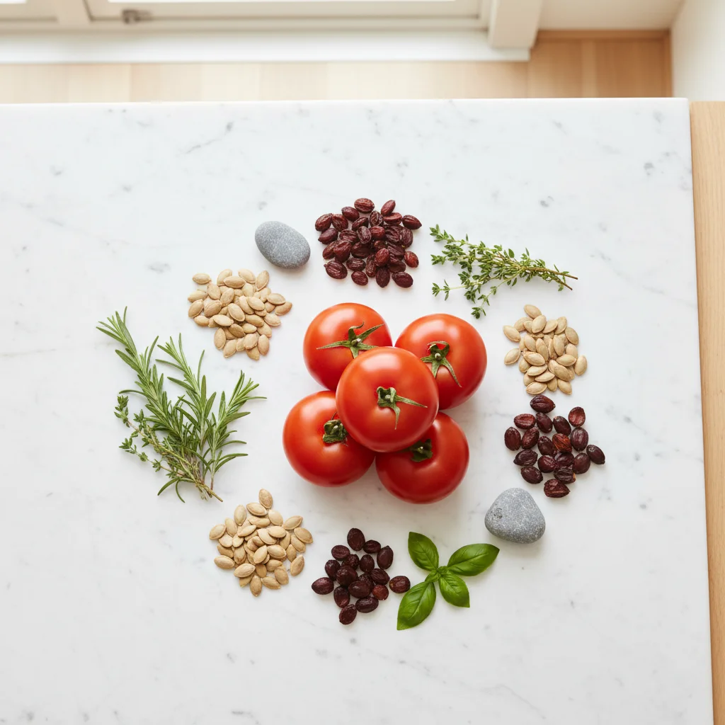 Flat-lay of natural ingredients: tomatoes, pumpkin seeds, saw palmetto berries and herbs on white marble